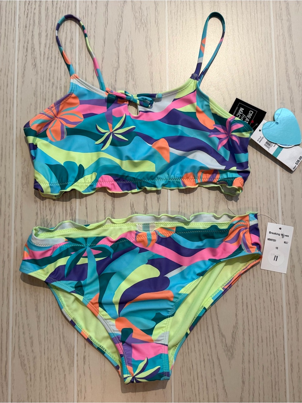 Breaking Waves Girls 16 Tropical Floral 2 Piece Bikini Swimsuit NWT‎ UPF 50+